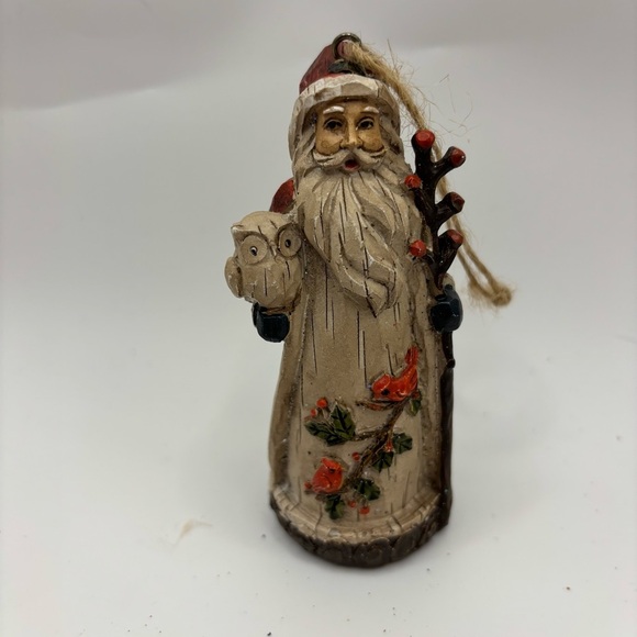 Vintage Holiday Santa Ornament with Owl And Red Bird Details - Picture 1 of 4